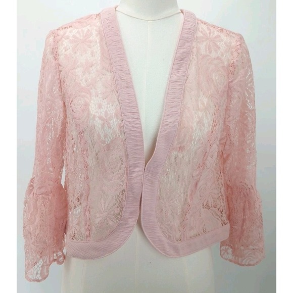 Tag Sweaters - Pink Floral Rose Lace Ruffle Flared Sleeve Cardigan Tagless Size Med Valentines